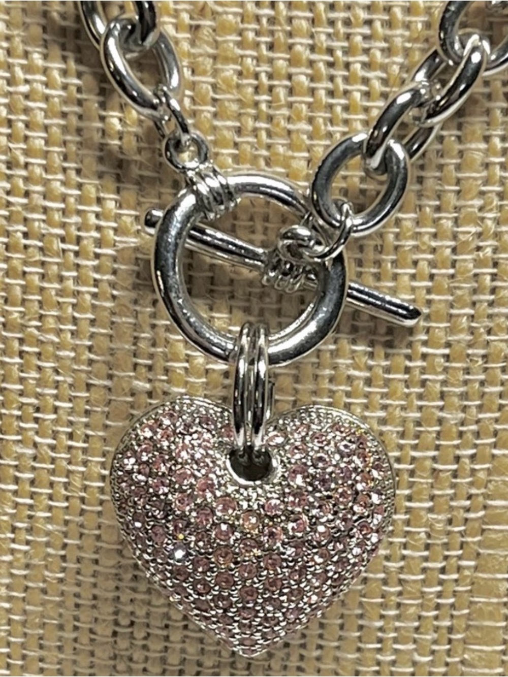 Silver Chain Necklace with Pink Pave Heart Pendant - Picture 2 of 5